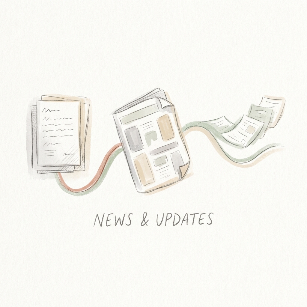 Hand-drawn illustration of newspapers and updates in a soft pastel style